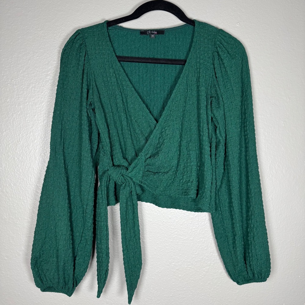 GB Fashion London Women's Emerald Green Textured Tie Front Wrap Crop Top XS